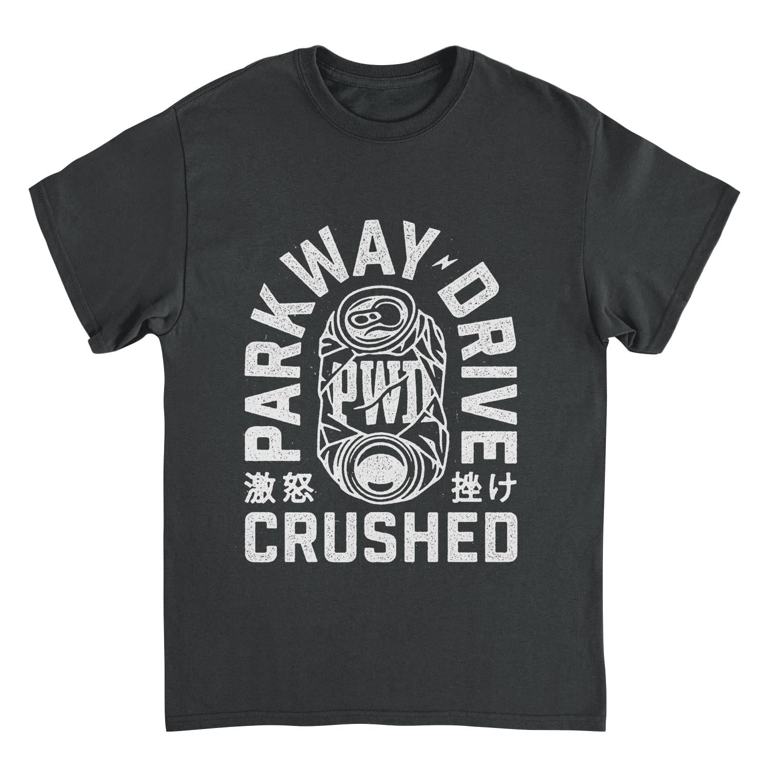 Parkway Drive crushed can black t shirt with bold distressed graphic metalcore band merch front view