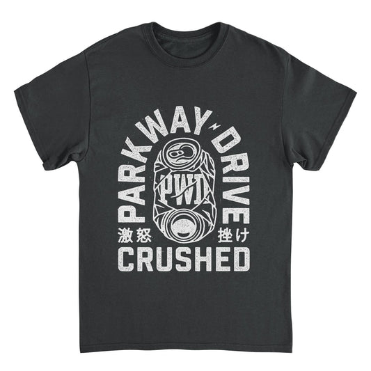 Parkway Drive crushed can black t shirt with bold distressed graphic metalcore band merch front view