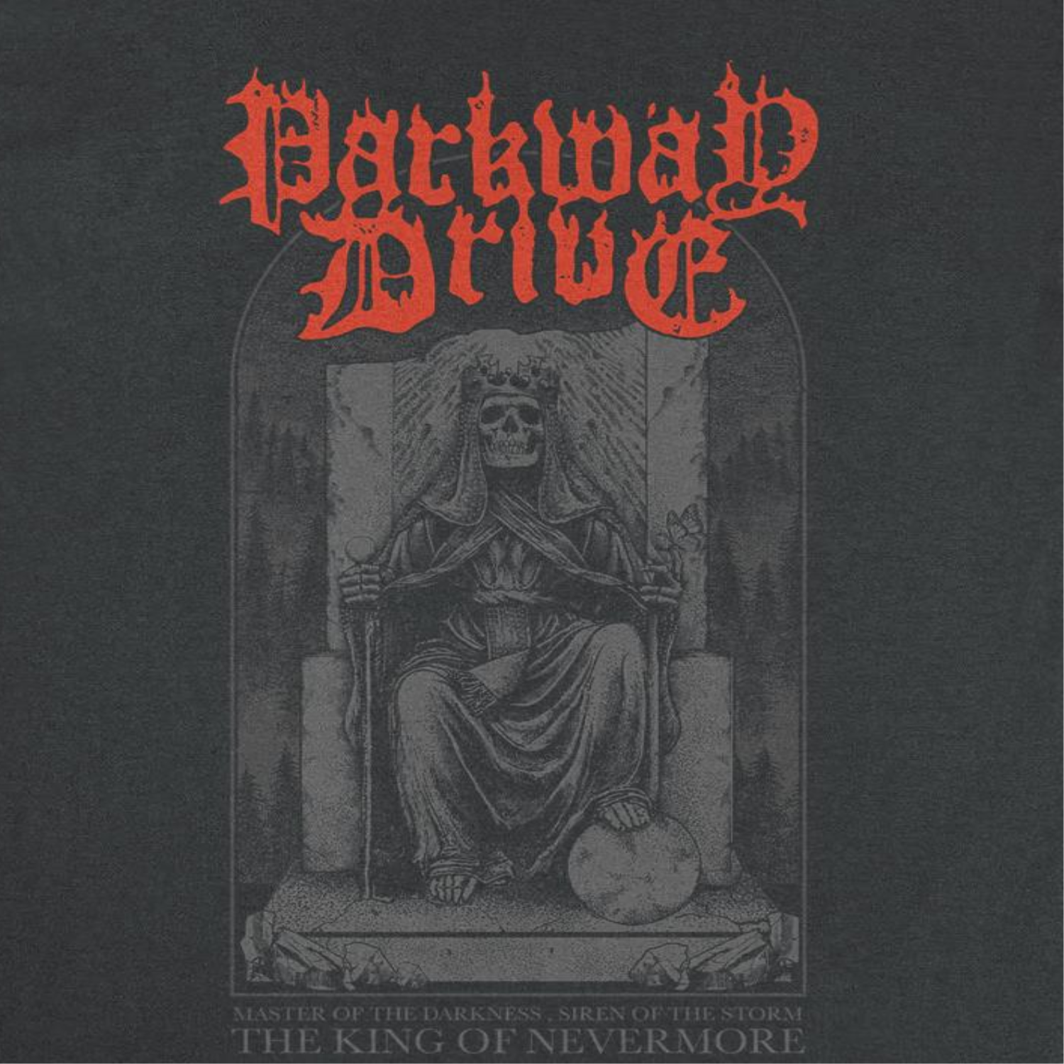 Parkway Drive King of Nevermore t shirt design close up with skull throne graphic metalcore band merch