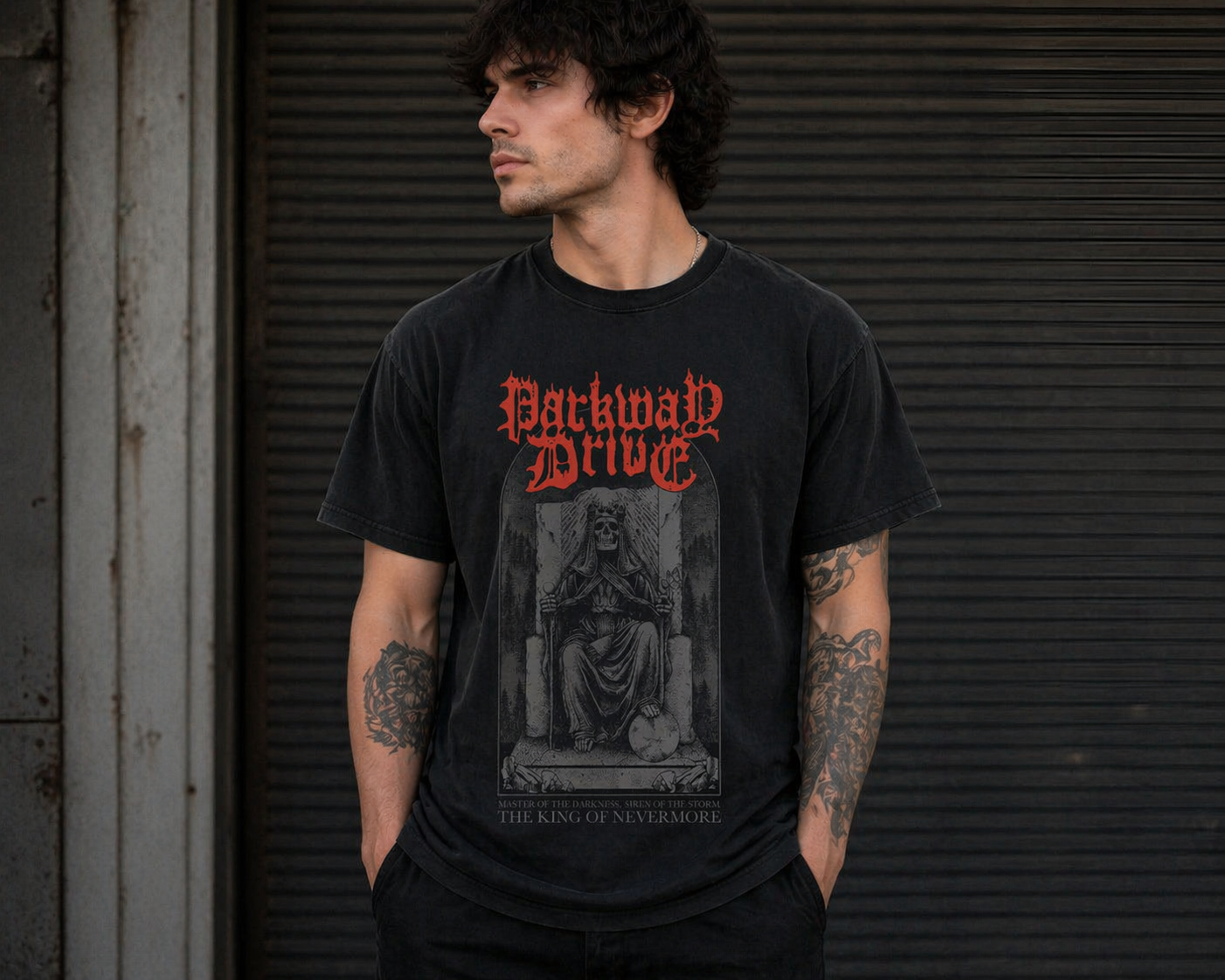 male model wearing Parkway Drive King of Nevermore t shirt with skull throne design metalcore band merch streetwear style
