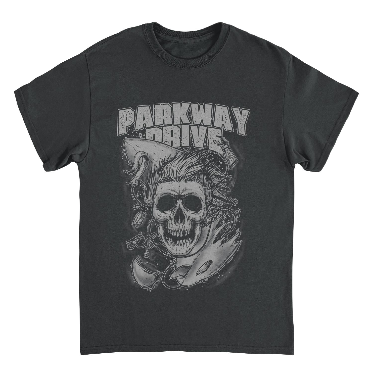 Parkway Drive skull graphic black band t shirt with surf-inspired design
