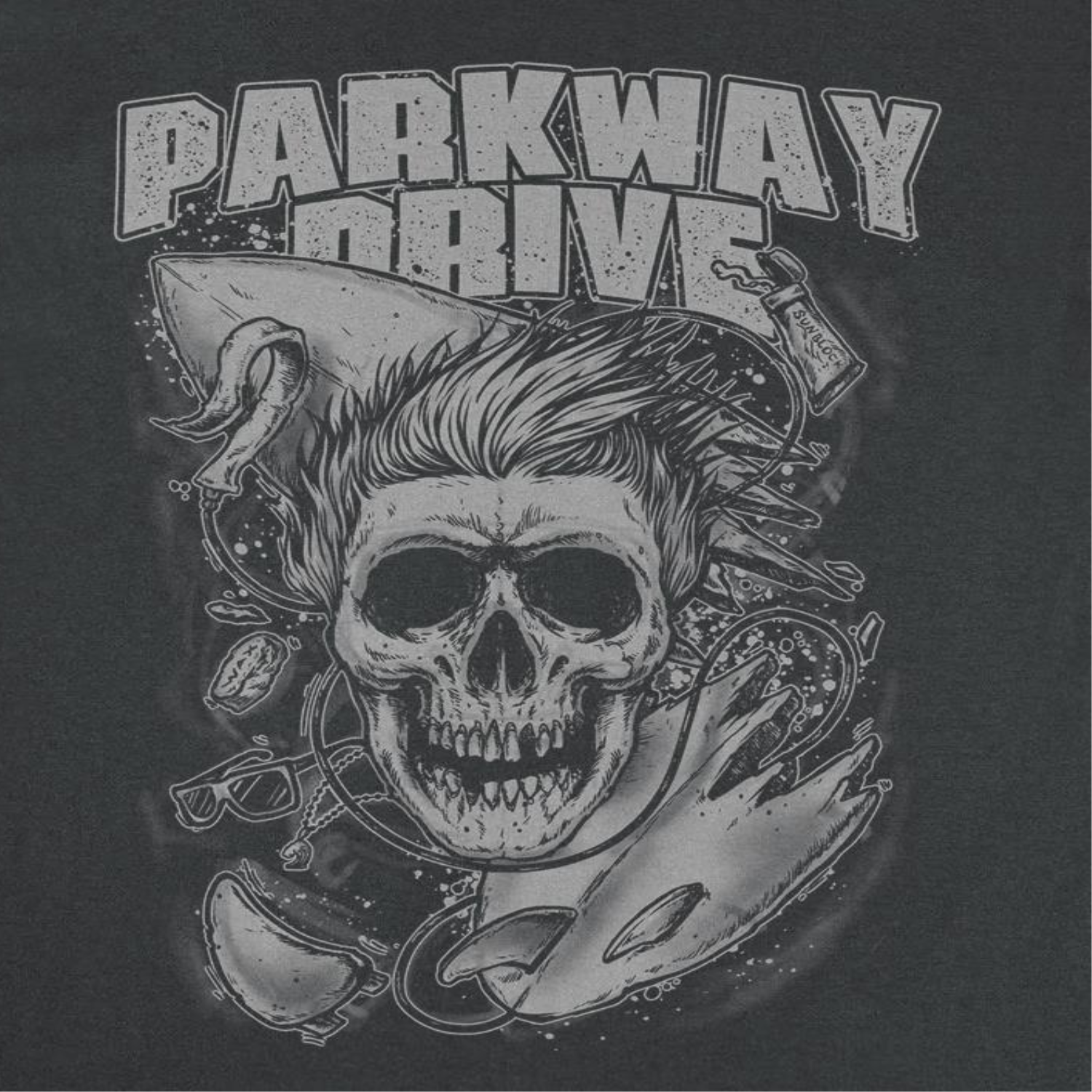 Close-up of Parkway Drive skull graphic t shirt design with detailed artwork