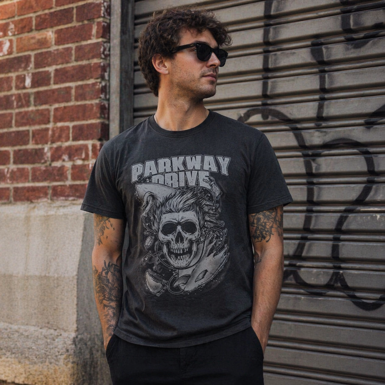 Male model wearing Parkway Drive skull graphic t shirt in urban streetwear setting