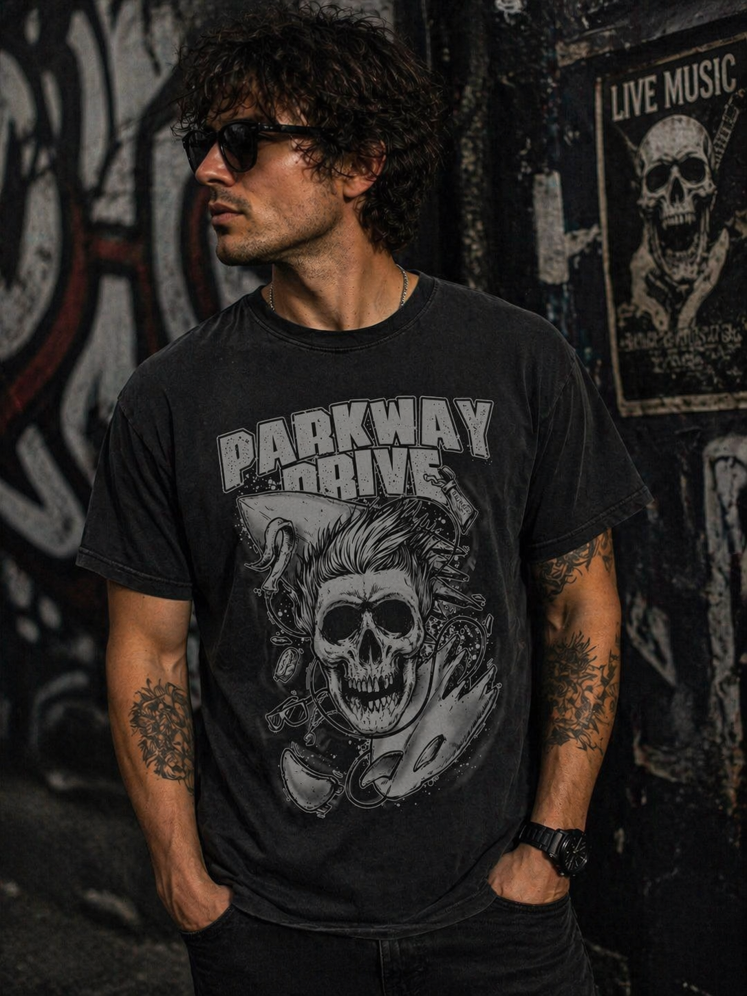 male model wearing Parkway Drive skull graphic t shirt in urban graffiti streetwear setting metalcore band merch