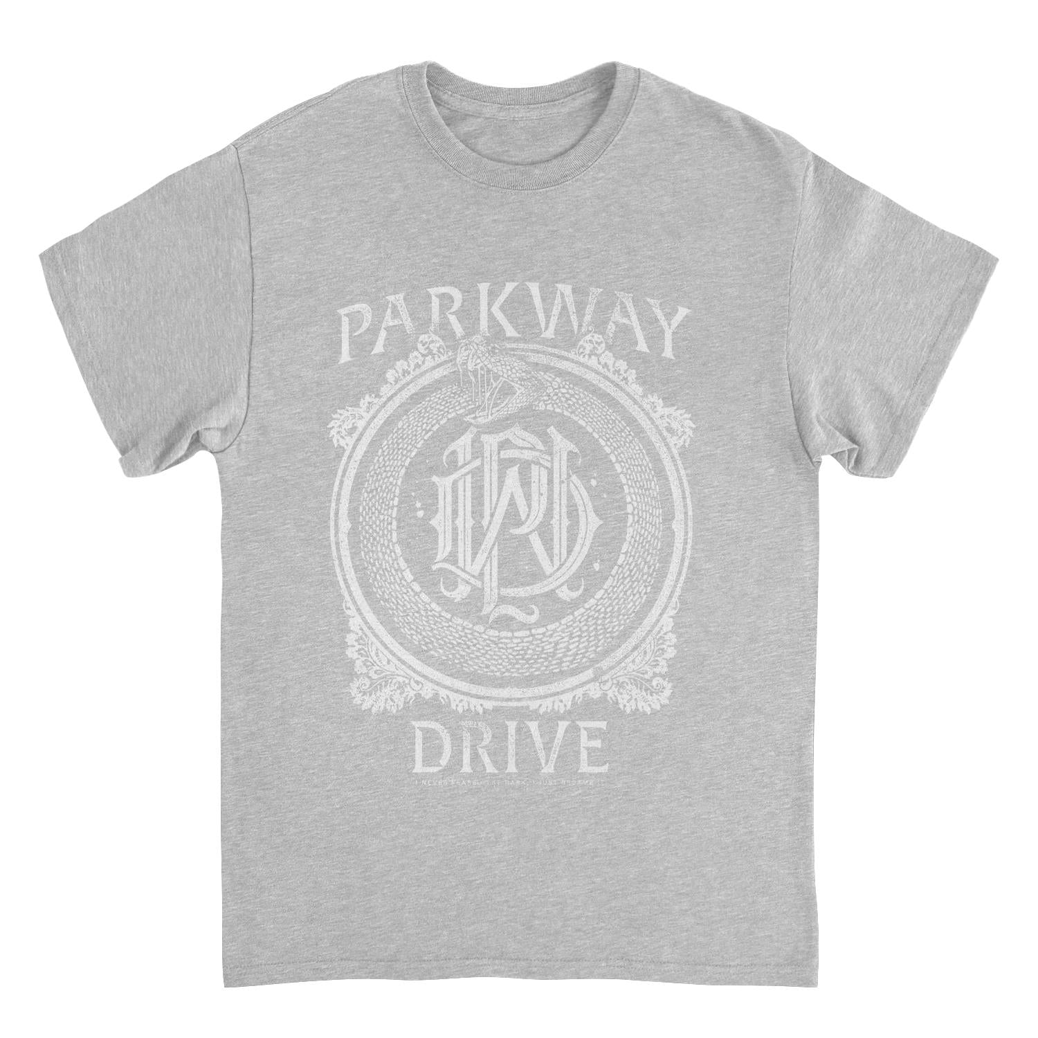 Parkway Drive snake monogram t shirt in grey with circular serpent logo metalcore band merch