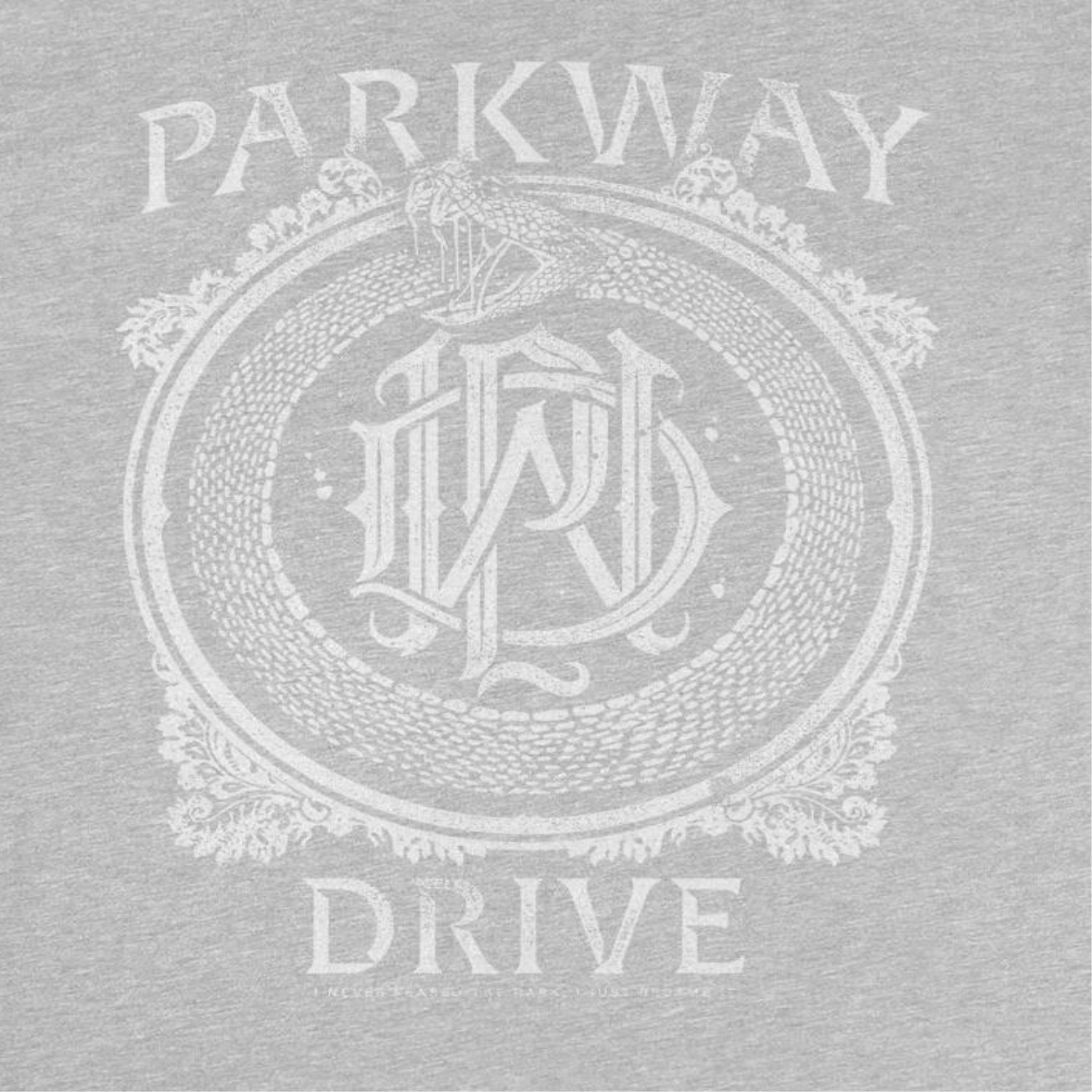 Parkway Drive snake monogram t shirt design close up with circular serpent logo in grey band merch