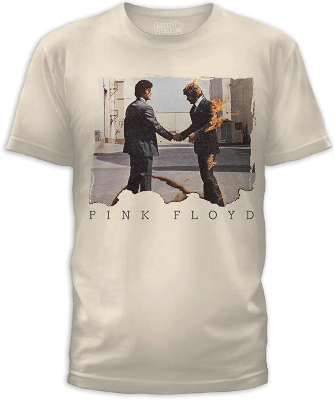 Pink Floyd Wish You Were Here t-shirt featuring handshake album cover artwork on beige shirt