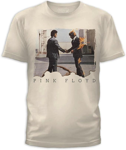 Pink Floyd Wish You Were Here t-shirt featuring handshake album cover artwork on beige shirt