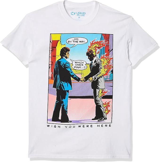 Pink Floyd Wish You Were Here pop art t-shirt featuring comic style album artwork on white shirt
