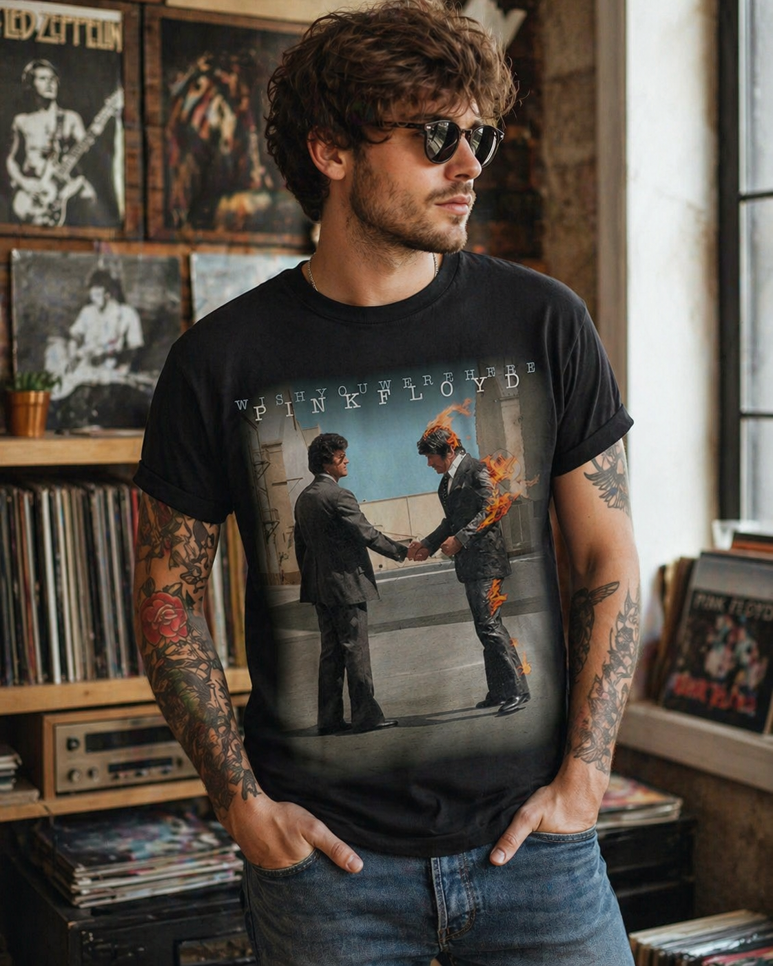 Male model wearing Pink Floyd Wish You Were Here t-shirt with album cover artwork in music room setting