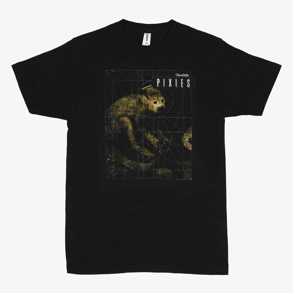 Black t-shirt with a graphic design and 'Pixies' text on a white background