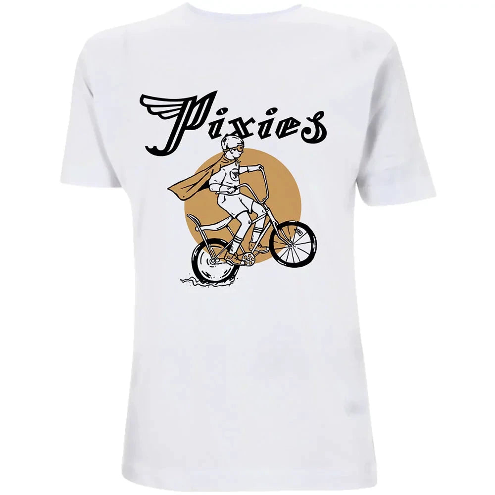 White t-shirt with 'Pixies' graphic design featuring a person on a bike.