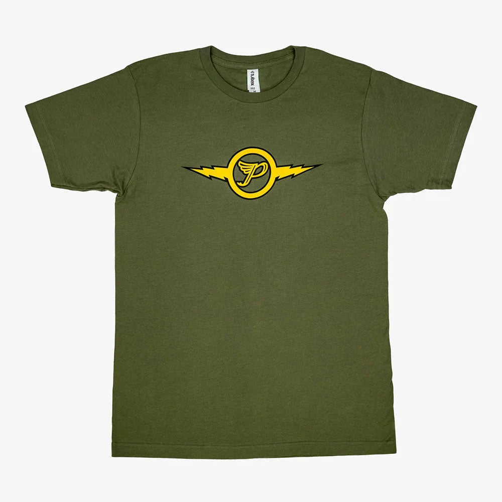 Pixies Lightning Green men’s T-shirt featuring bold lightning bolt artwork inspired by the iconic alternative rock band, printed on a vibrant green tee.