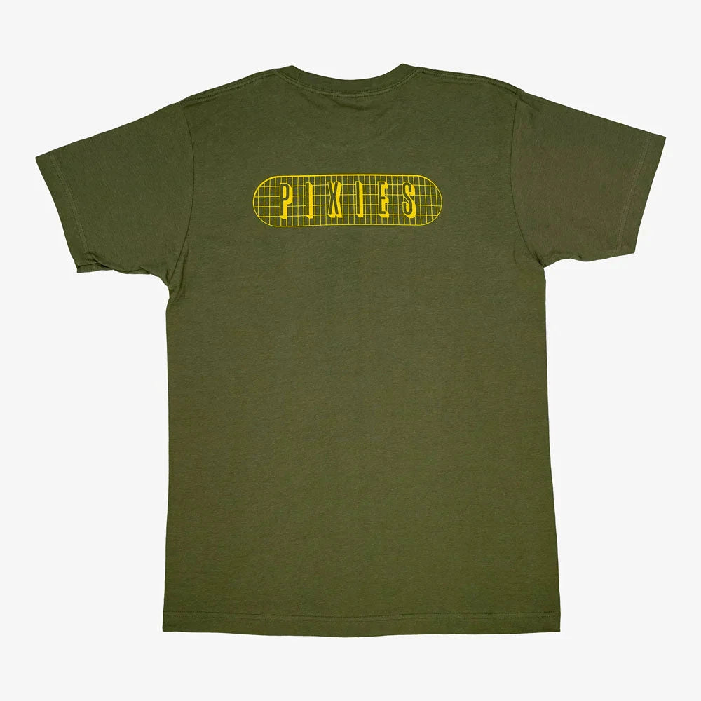 Pixies Lightning Green men’s T-shirt featuring bold lightning bolt artwork inspired by the iconic alternative rock band, printed on a vibrant green tee.