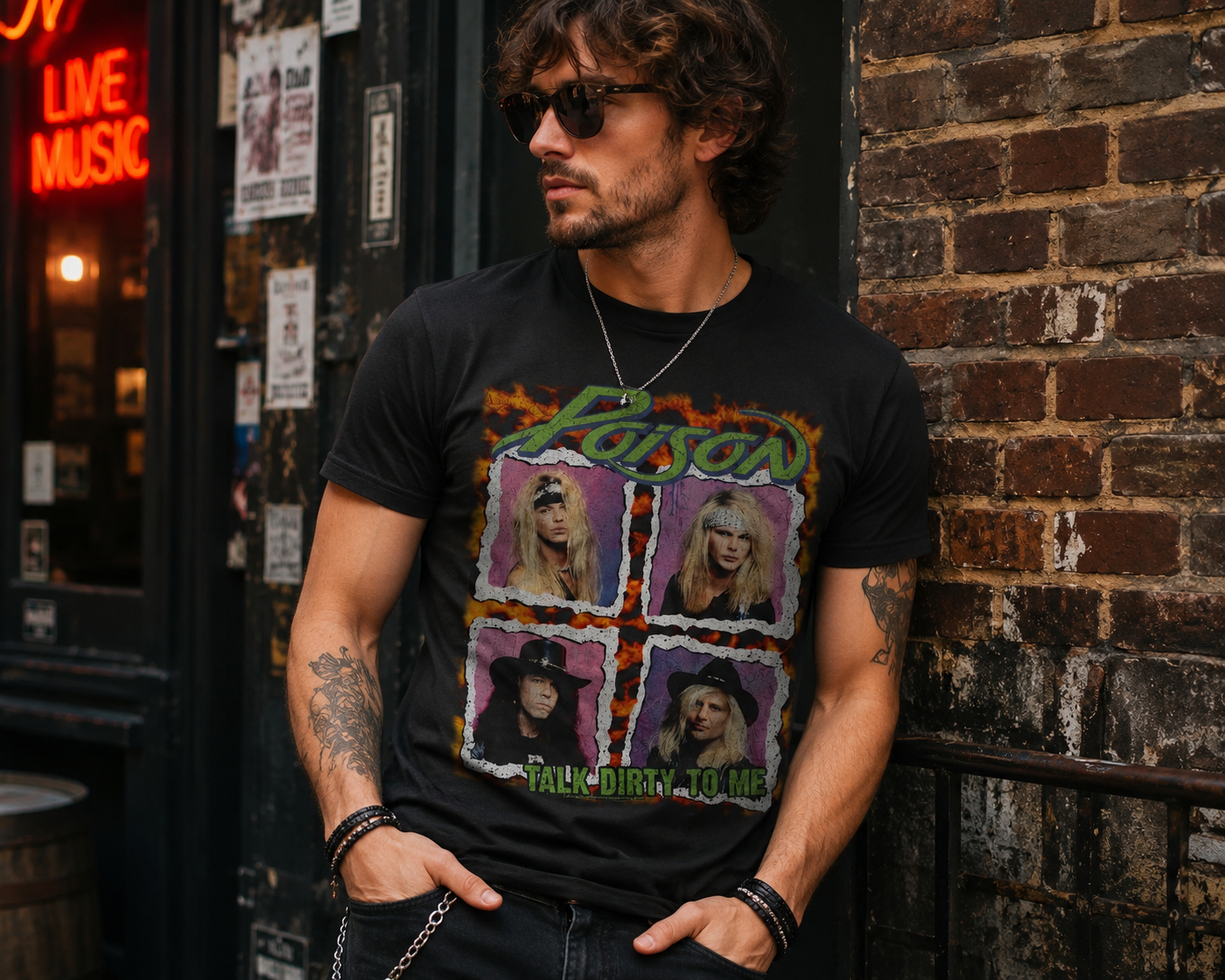 Male model wearing an officially licensed Poison Talk Dirty to Me t-shirt in an urban rock music setting featuring classic 80s glam metal band artwork with Bret Michaels, C.C. DeVille, Bobby Dall and Rikki Rockett.