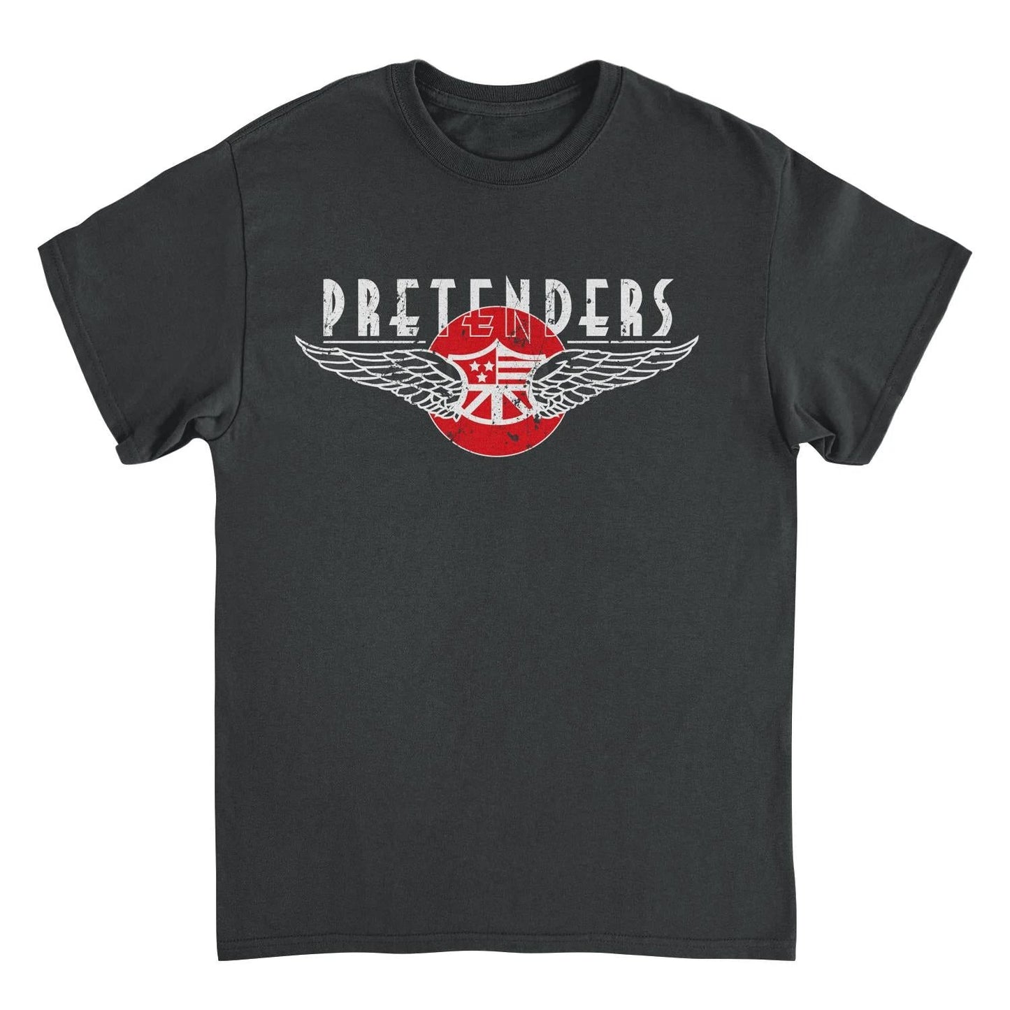 Pretenders black rock band t-shirt featuring distressed wing logo artwork inspired by classic new wave and vintage concert merch style
