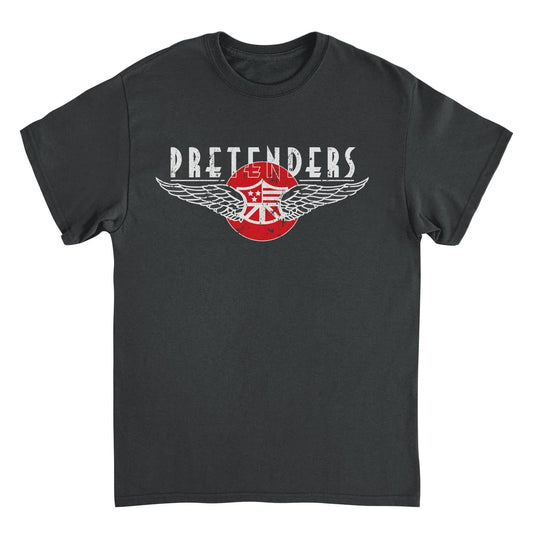 Pretenders black rock band t-shirt featuring distressed wing logo artwork inspired by classic new wave and vintage concert merch style