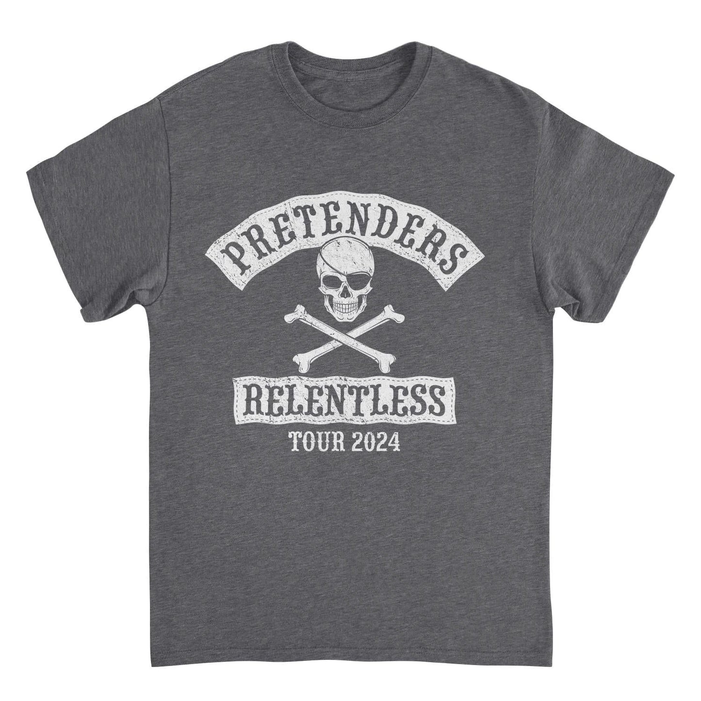 Pretenders Relentless Tour 2024 dark heather t-shirt featuring vintage skull graphic and officially licensed new wave rock band merch