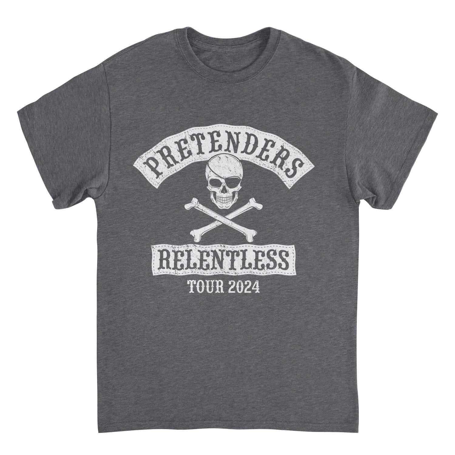 Pretenders Relentless Tour 2024 dark heather t-shirt featuring vintage skull graphic and officially licensed new wave rock band merch