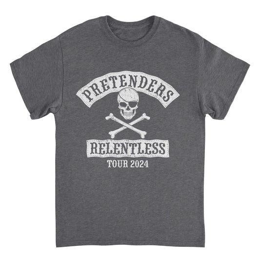Pretenders Relentless Tour 2024 dark heather t-shirt featuring vintage skull graphic and officially licensed new wave rock band merch