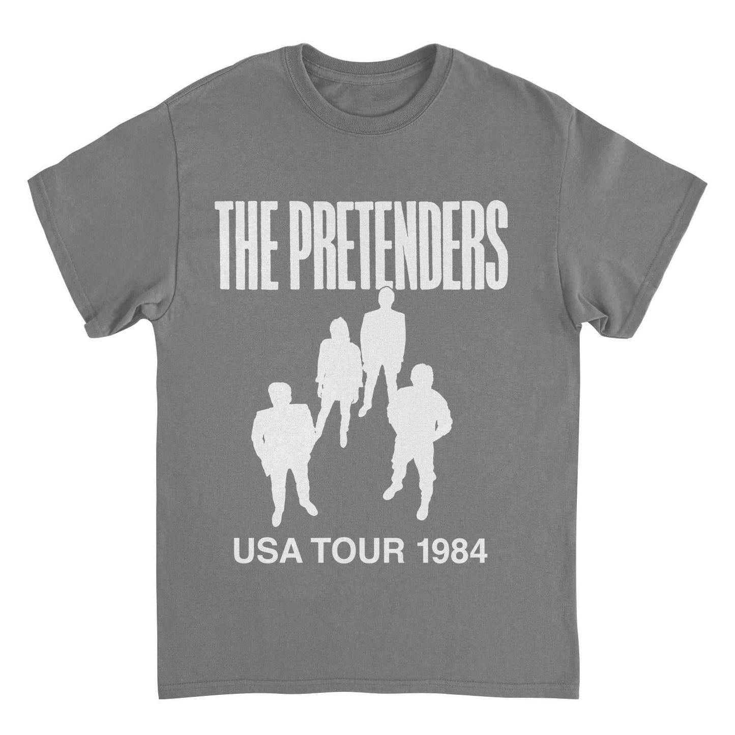Pretenders USA Tour 1984 charcoal t-shirt featuring vintage-inspired new wave concert graphic and officially licensed 80s rock band merch