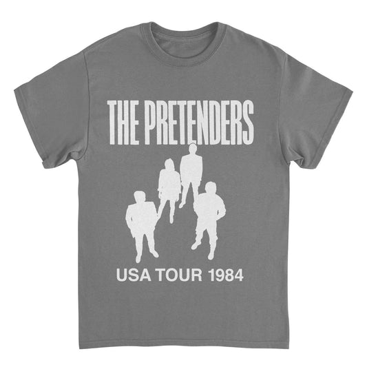 Pretenders USA Tour 1984 charcoal t-shirt featuring vintage-inspired new wave concert graphic and officially licensed 80s rock band merch