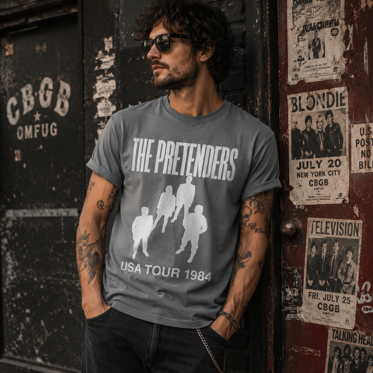Male model wearing Pretenders USA Tour 1984 charcoal t-shirt in vintage CBGB-inspired urban rock setting with classic new wave and punk concert style aesthetic