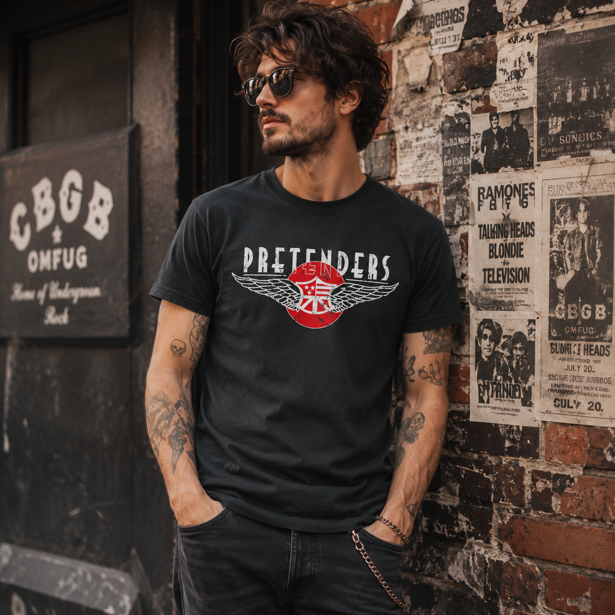Male model wearing Pretenders Winged Emblem black t-shirt in vintage CBGB-inspired urban rock setting with classic punk and new wave concert style aesthetic