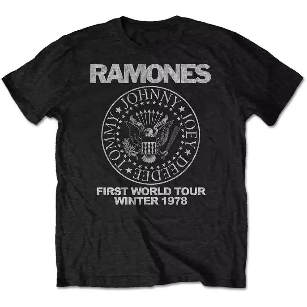 Ramones 1978 First World Tour black punk rock shirt featuring the iconic seal logo and vintage Winter 1978 tour graphic design
