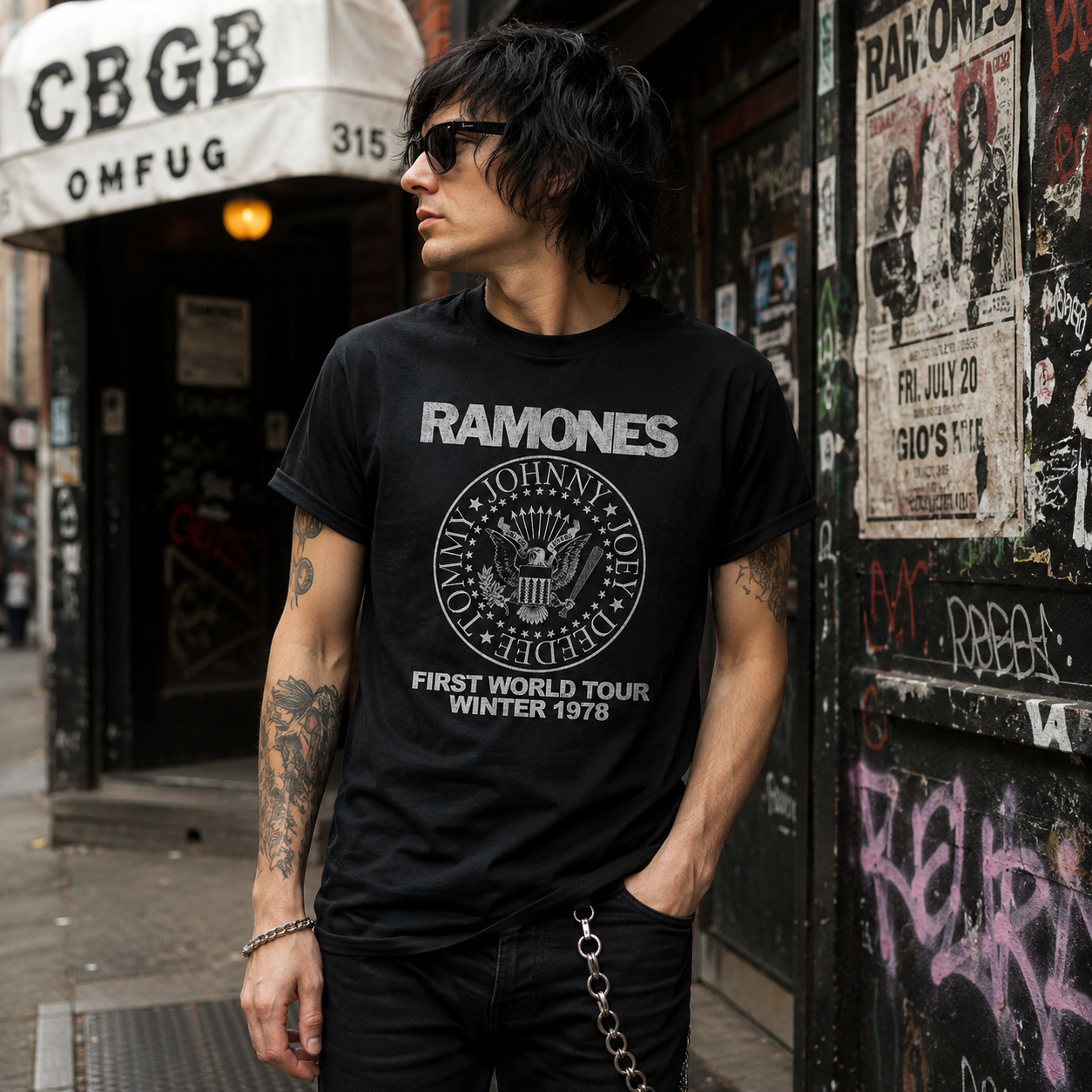 Male model wearing Ramones 1978 First World Tour punk rock t-shirt outside a CBGB-inspired music club with vintage punk streetwear style