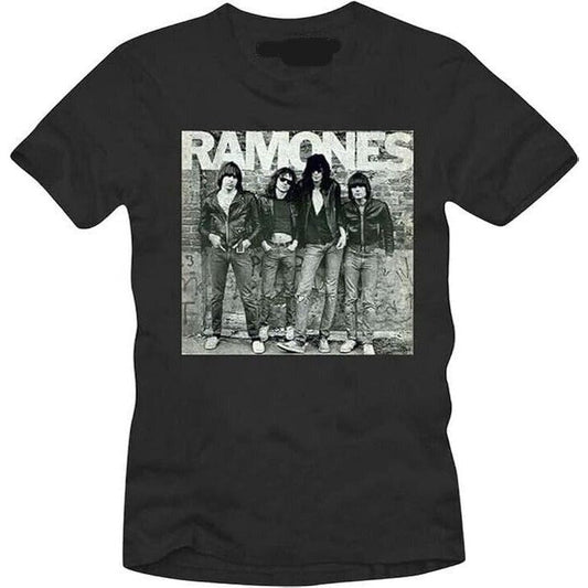 Ramones First Album black punk rock shirt featuring a vintage black-and-white band photo graphic of the original lineup