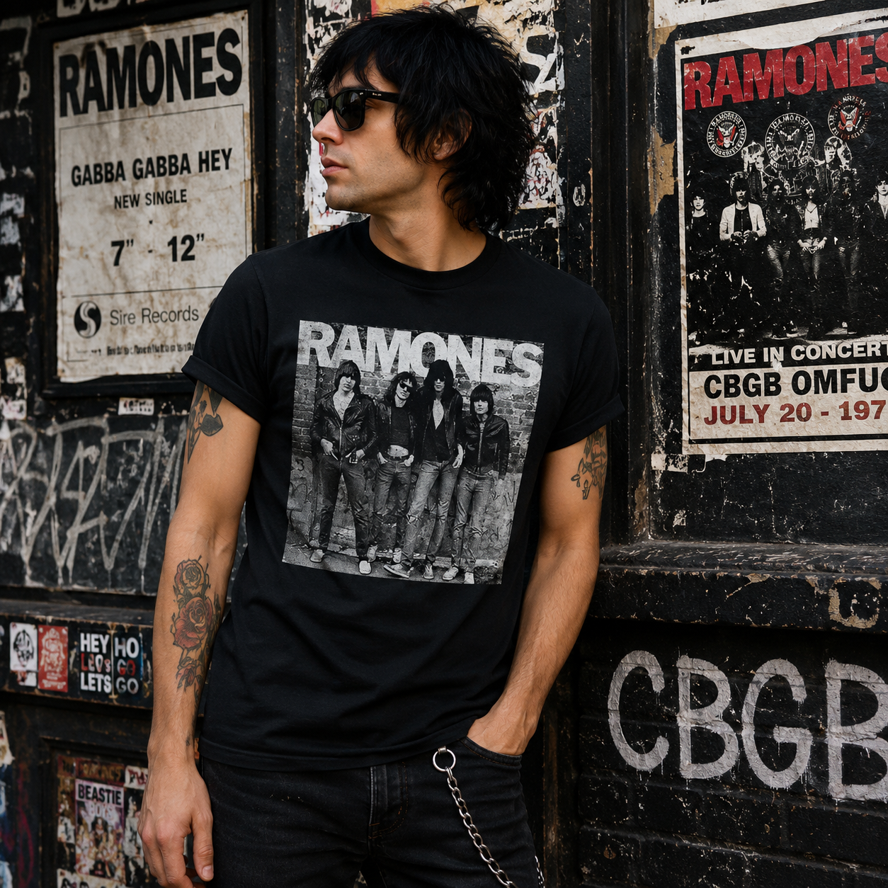 Male model wearing a Ramones First Album band photo punk rock t-shirt outside a vintage CBGB-inspired music club with classic punk streetwear style
