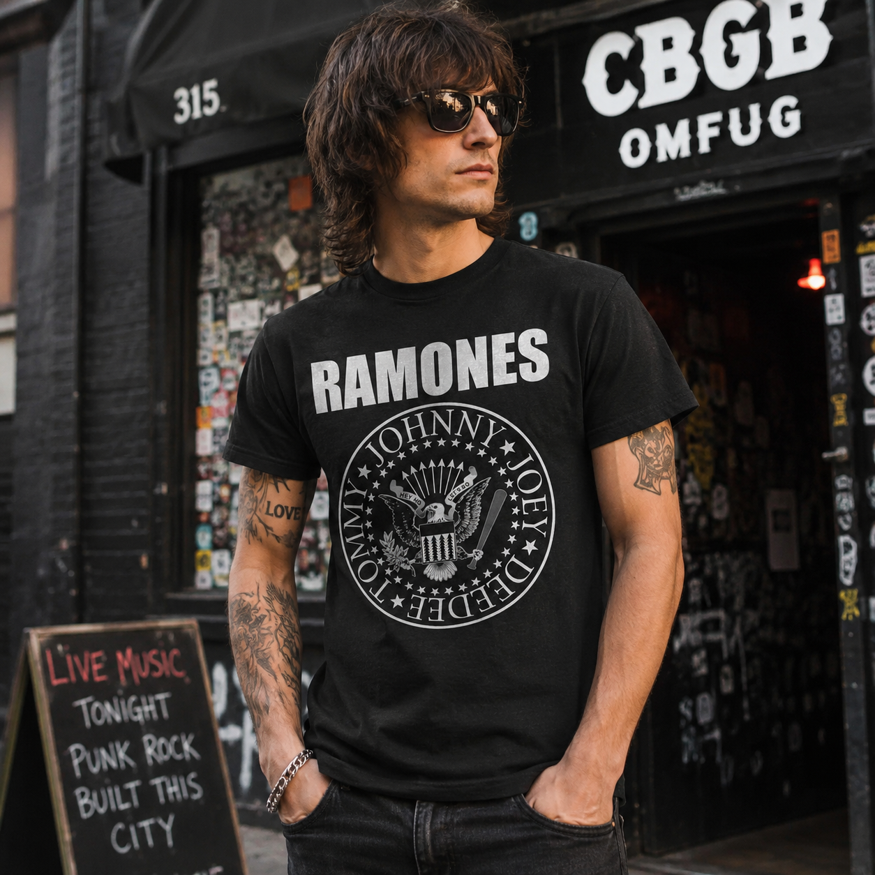 Male model wearing Ramones Seal Hey Ho Let’s Go punk rock t-shirt outside a CBGB-inspired music club