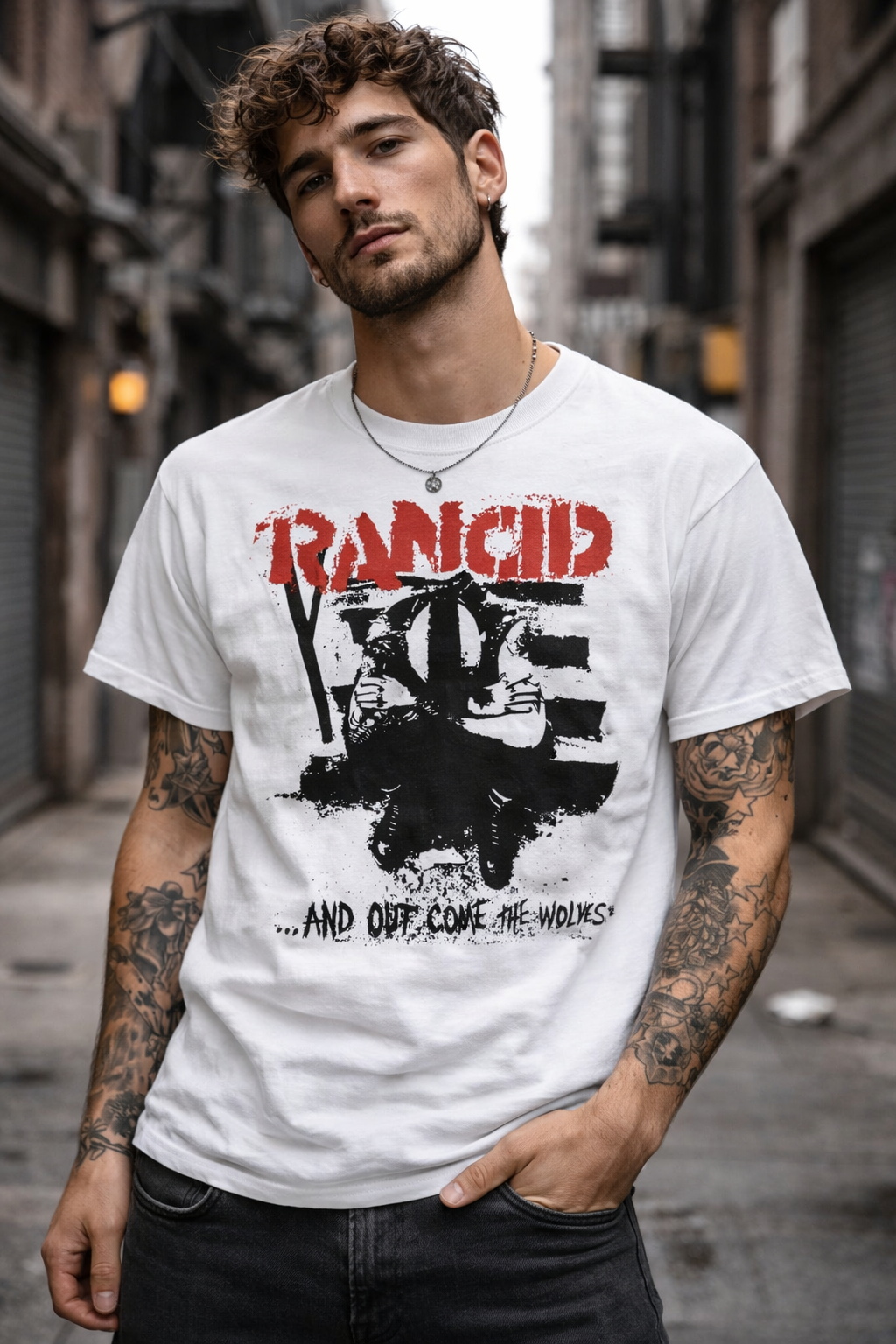 male model wearing rancid and out come the wolves t shirt white punk rock band album graphic tee streetwear style