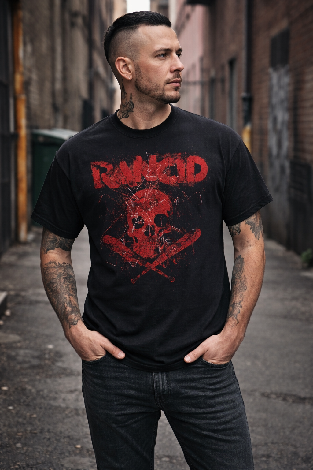 male model wearing Rancid Bats Red Ink t shirt in urban street setting punk band merch