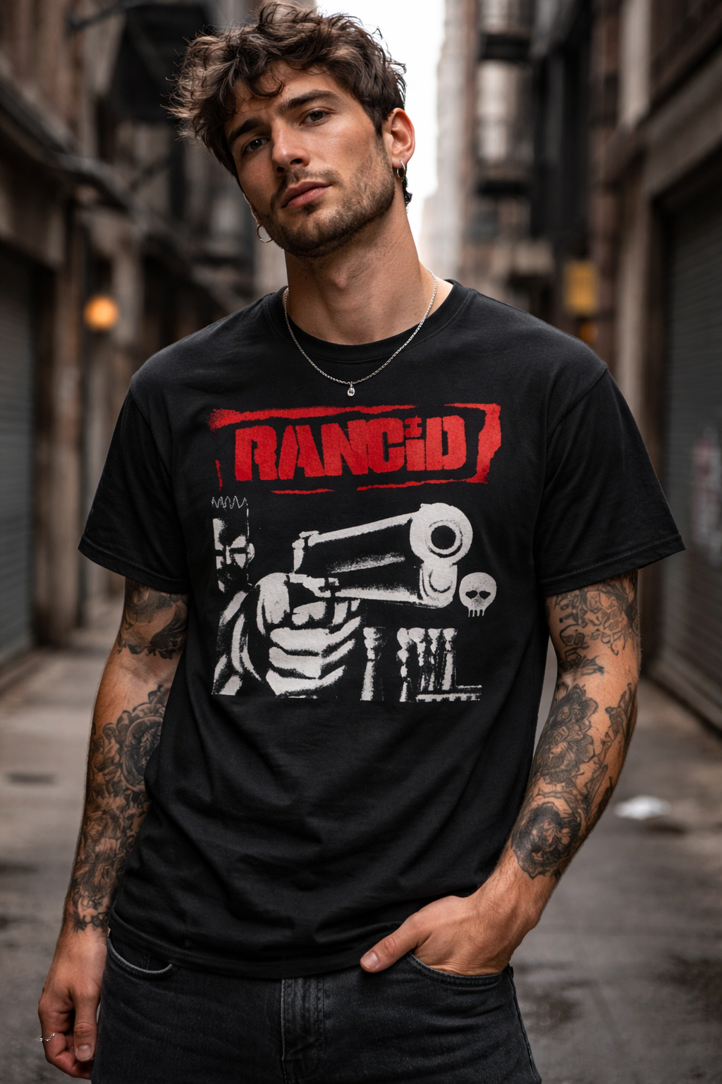 male model wearing Rancid Big Gun black t shirt punk rock band graphic tee lifestyle image