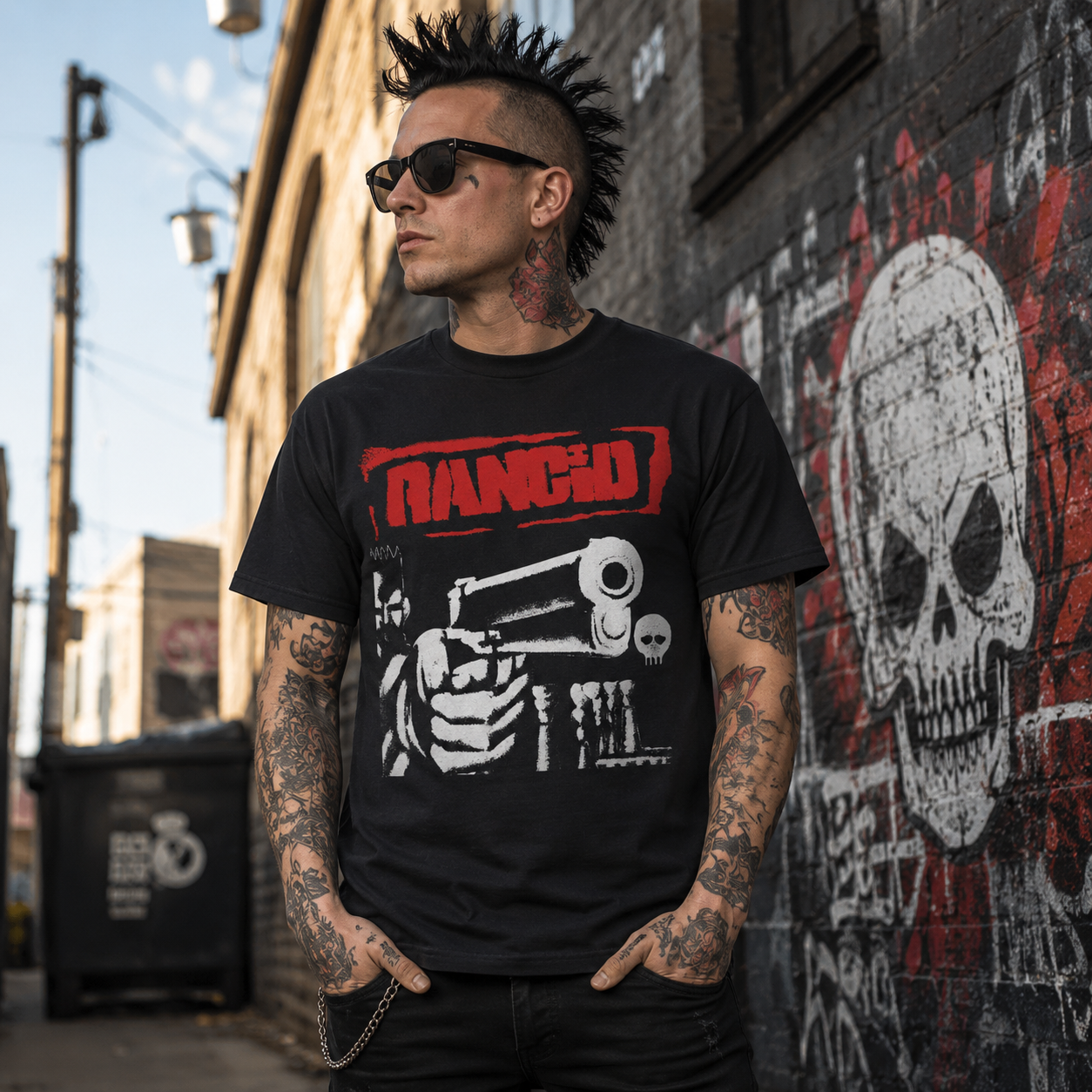 Male model wearing officially licensed Rancid Big Gun punk band t-shirt in an urban graffiti alley with punk rock streetwear style.