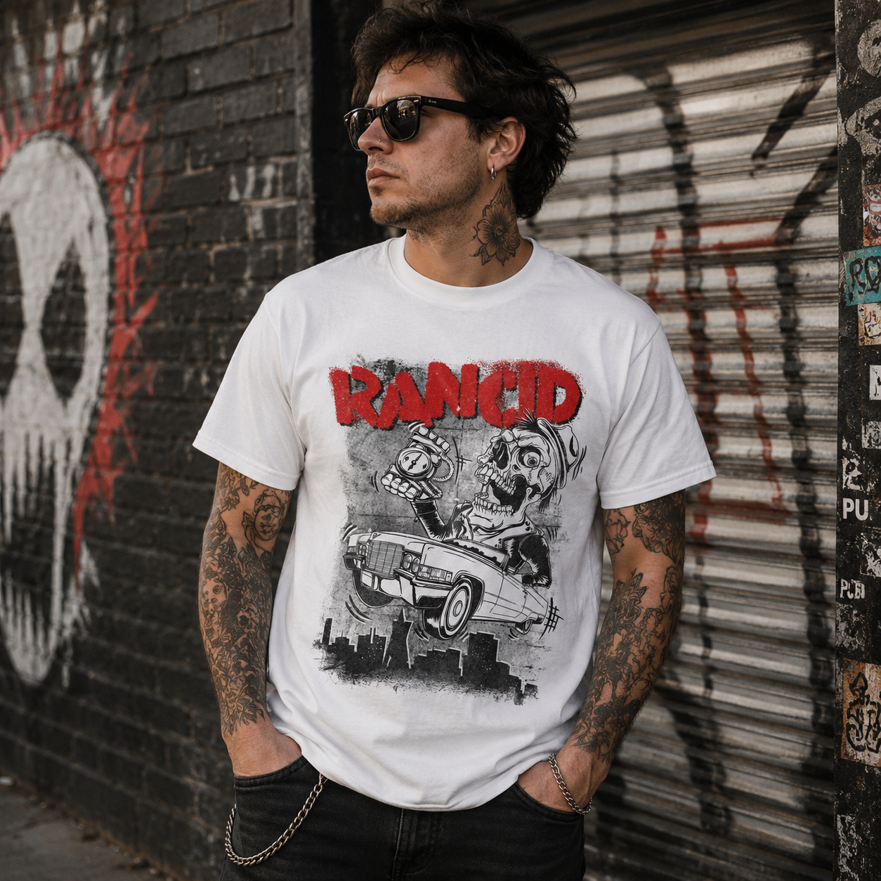 Male model wearing officially licensed Rancid Cadillac punk band t-shirt in an urban graffiti alley with punk rock streetwear style.