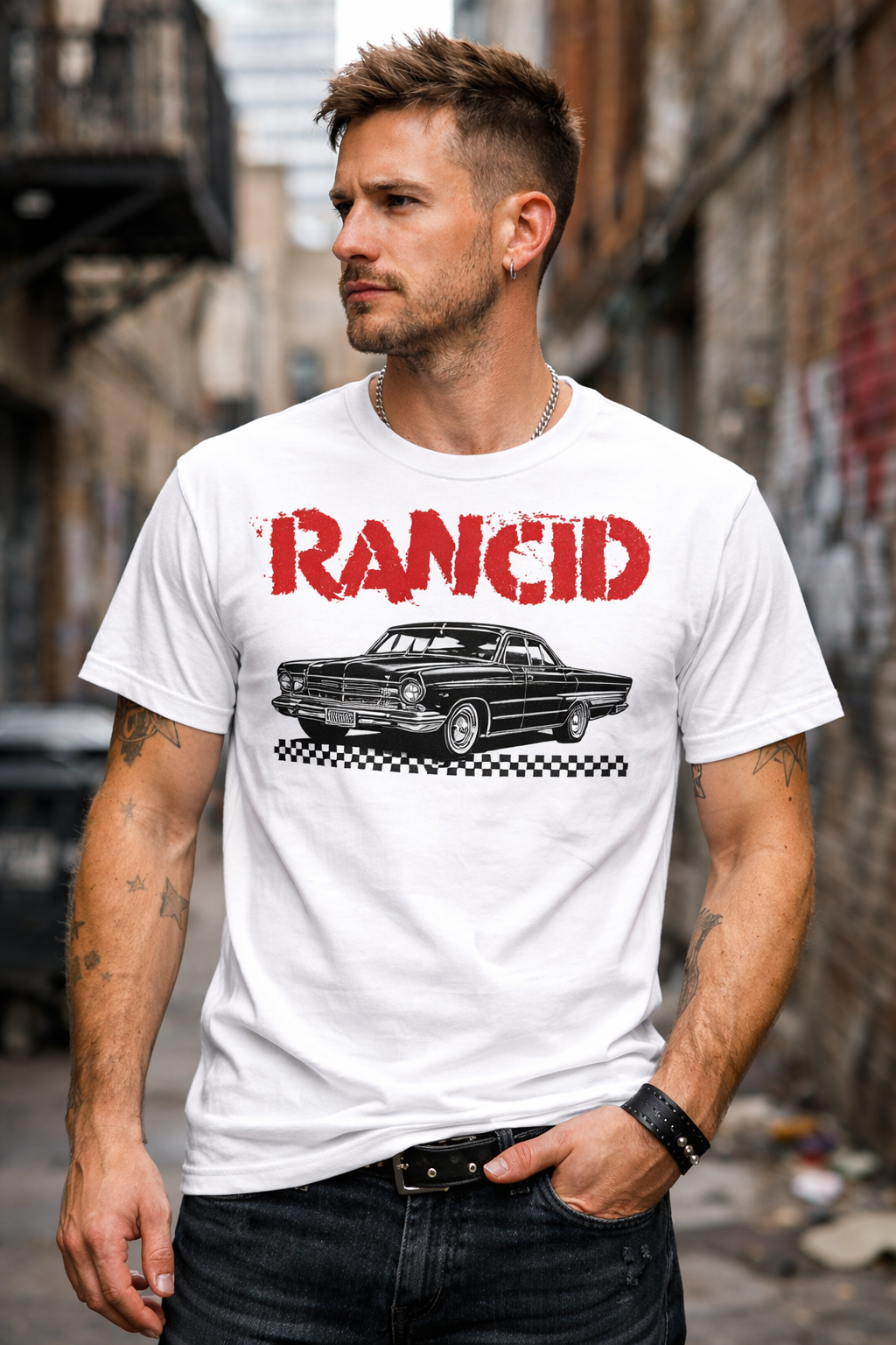 male model wearing Rancid Cadillac white t shirt with punk rock band graphic in urban street setting
