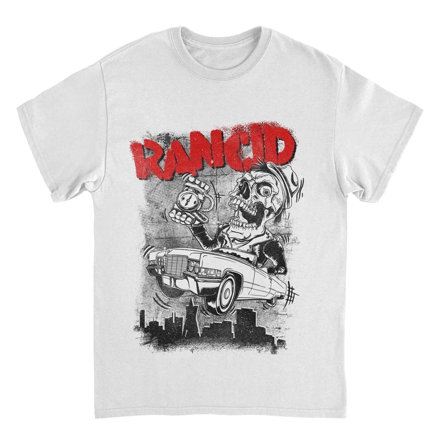 Rancid Cadillac white t shirt punk rock band graphic tee with clean logo design
