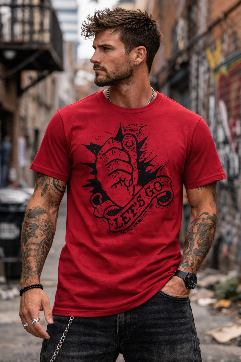 male model wearing Rancid Let's Go burgundy t shirt with punk rock band graphic in urban street setting