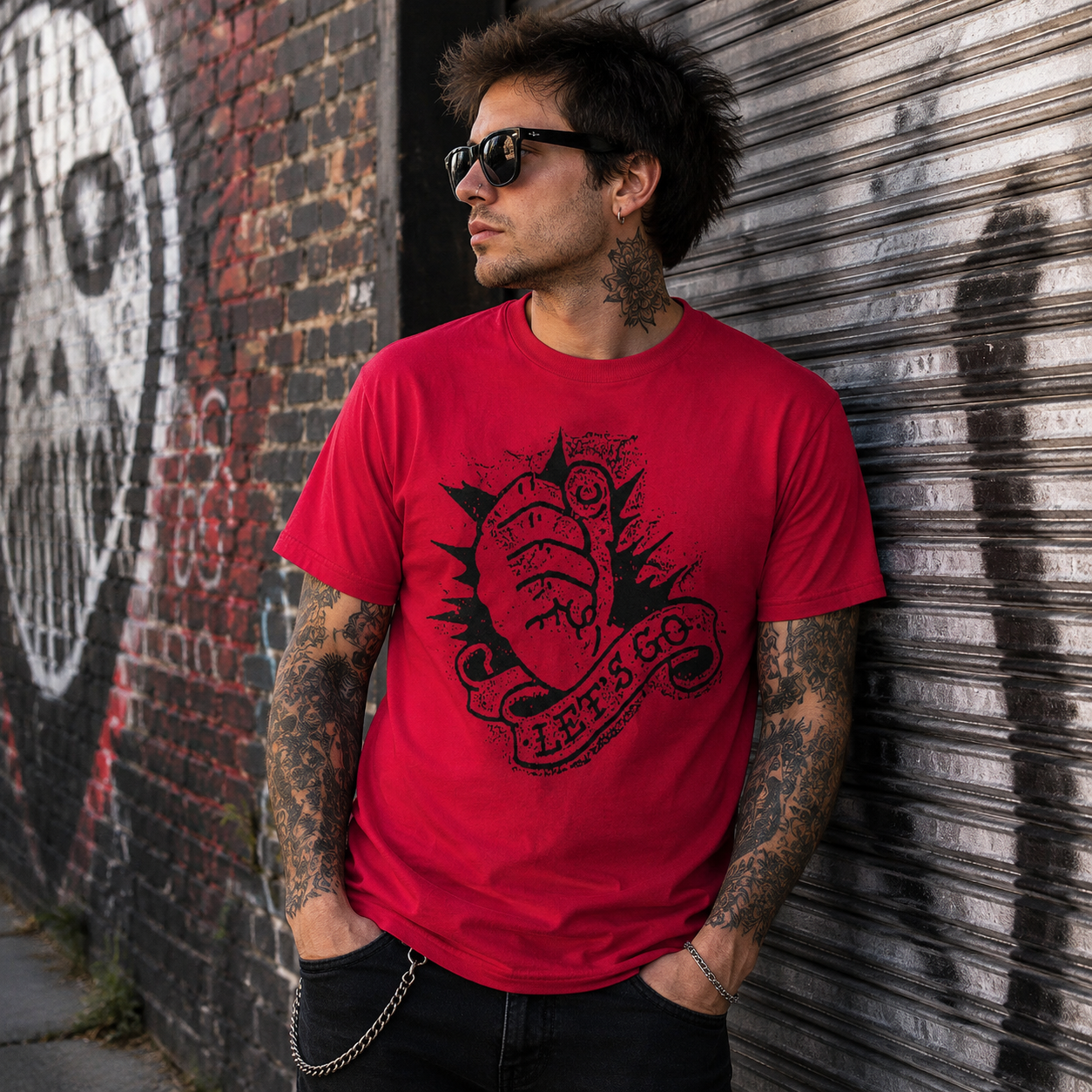 Male model wearing officially licensed Rancid Let’s Go punk band t-shirt in an urban graffiti alley with punk rock streetwear style.