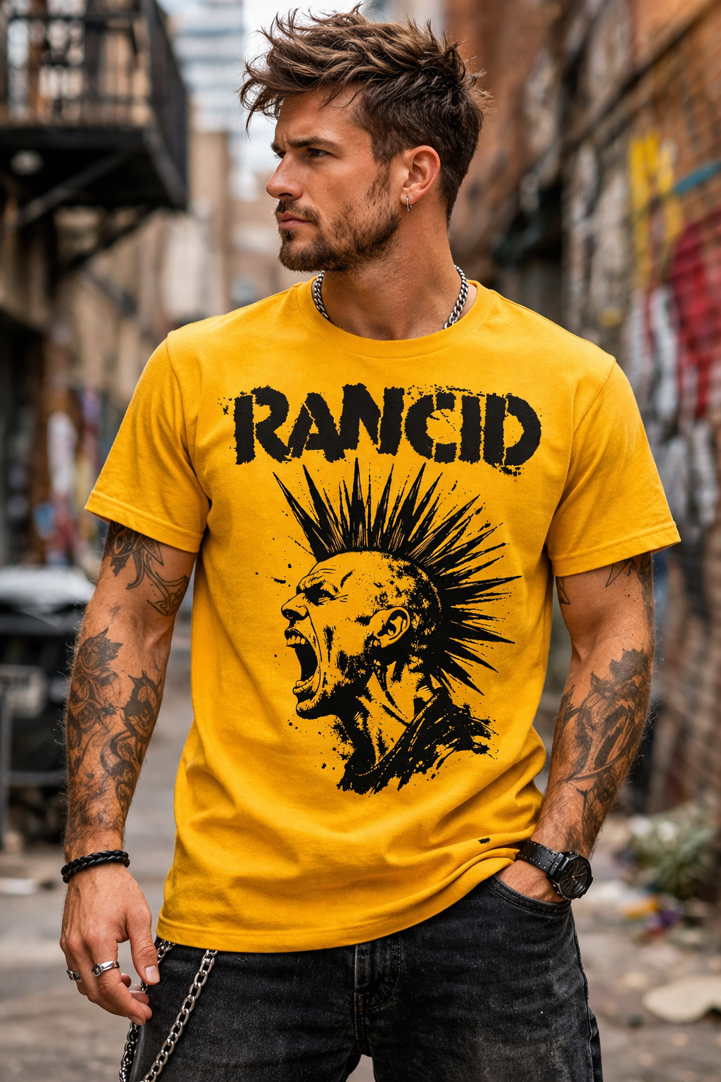 male model wearing Rancid Mohawk gold t shirt with punk rock band graphic in urban street setting