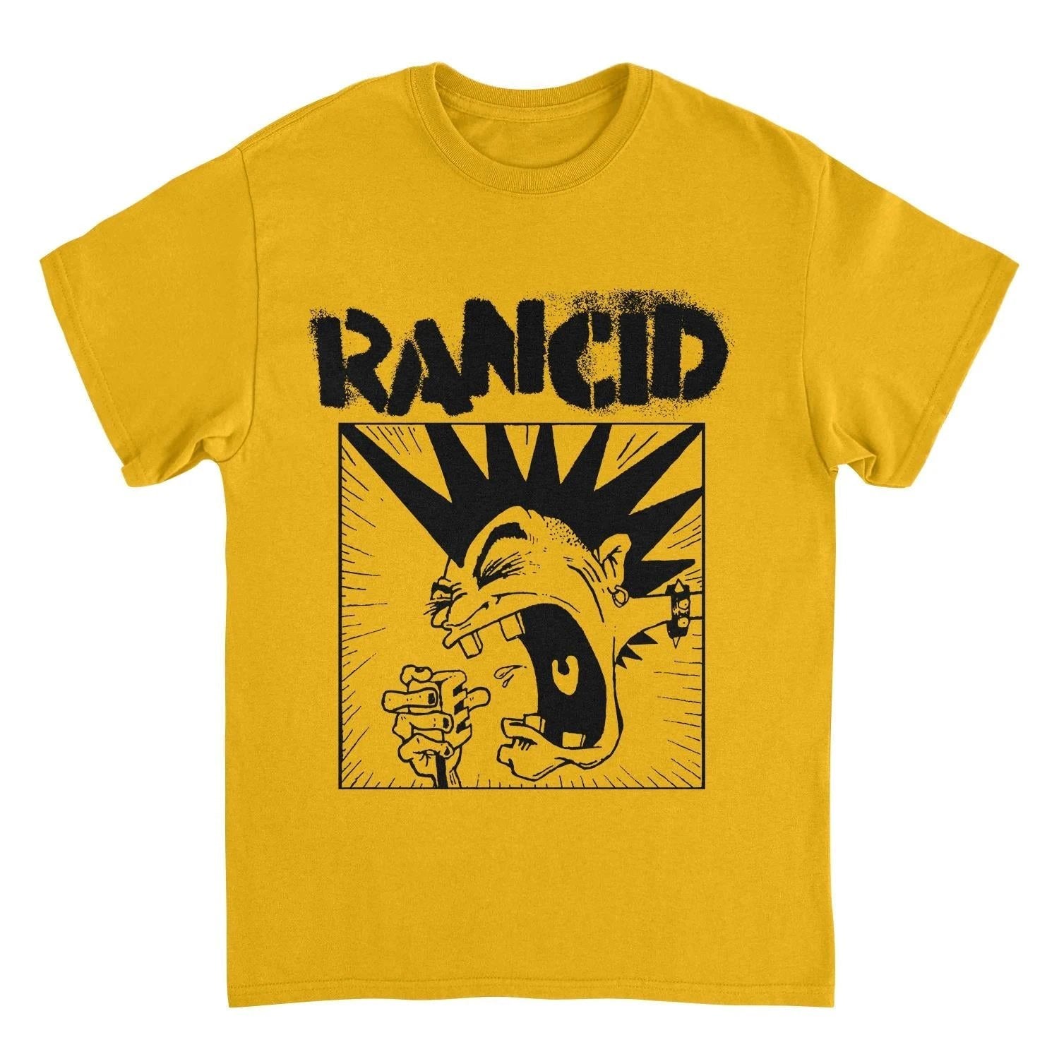 Rancid Mohawk gold t shirt featuring punk rock band graphic with screaming mohawk design