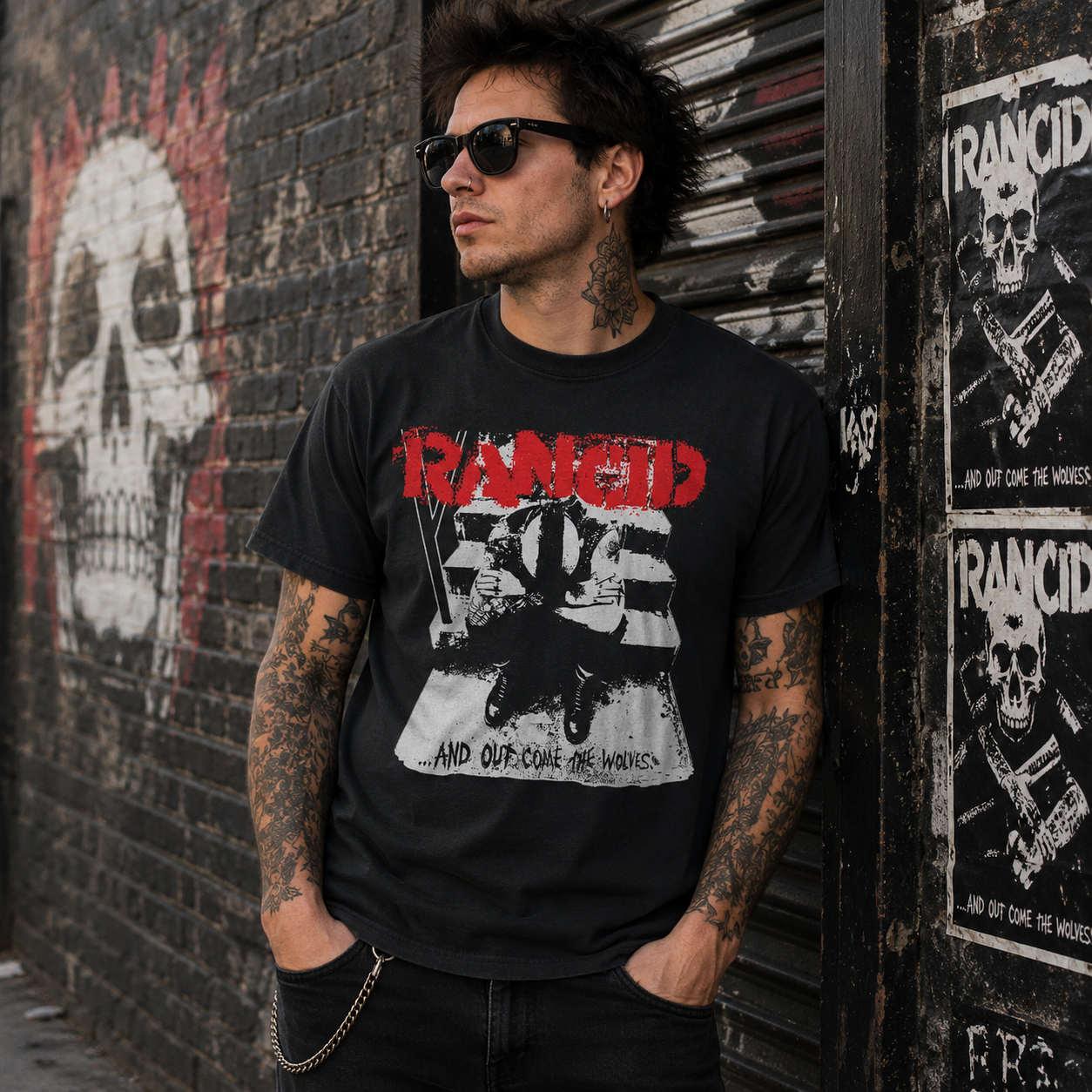 Male model wearing officially licensed Rancid And Out Come the Wolves black punk band t-shirt in an urban graffiti alley with punk rock streetwear style.