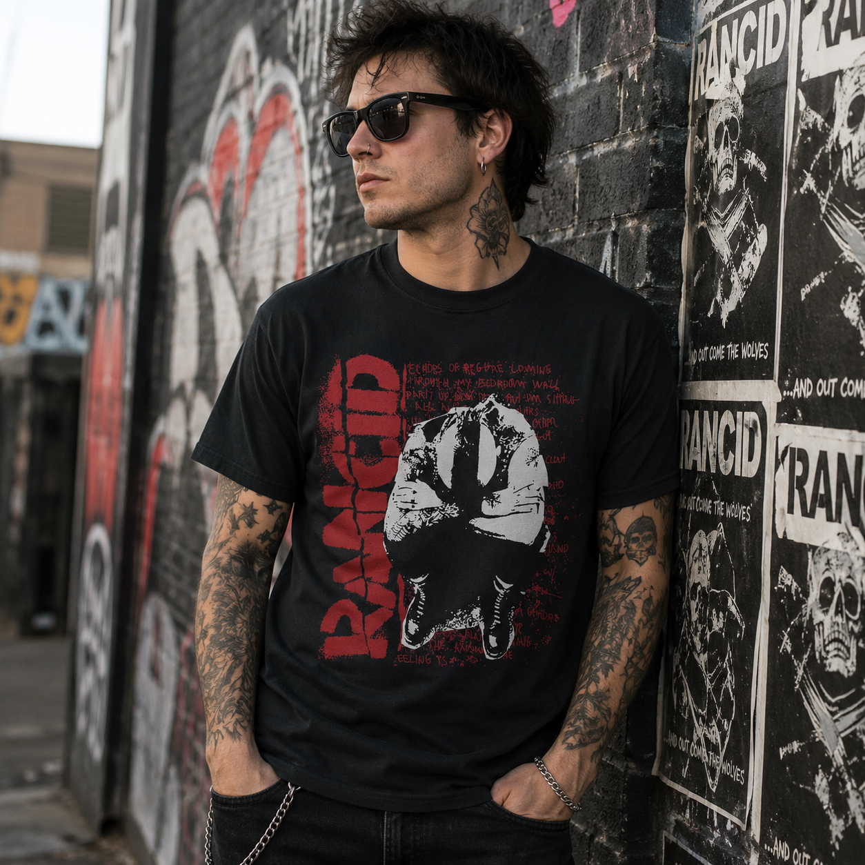 Male model wearing officially licensed Rancid Ruby Soho punk band t-shirt in an urban graffiti alley with punk rock streetwear style.