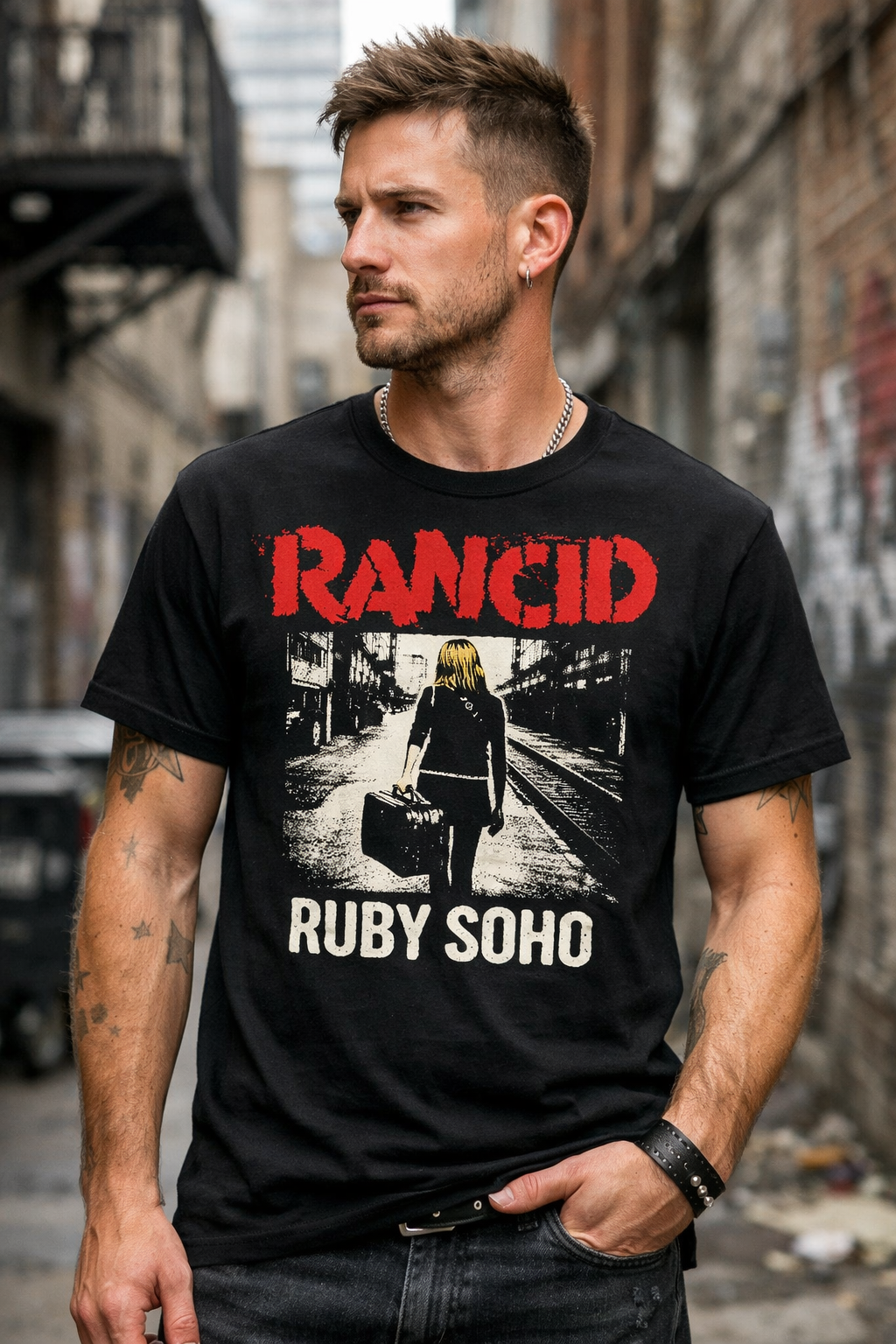 male model wearing Rancid Ruby Soho black t shirt punk rock band merch outfit
