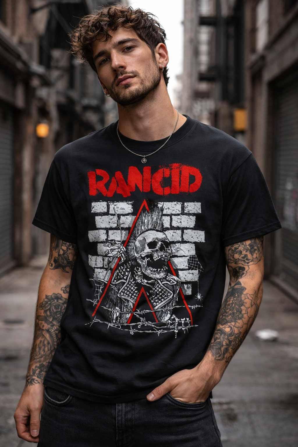 male model wearing rancid skull punk rock band t shirt black crust breakout graphic tee streetwear style