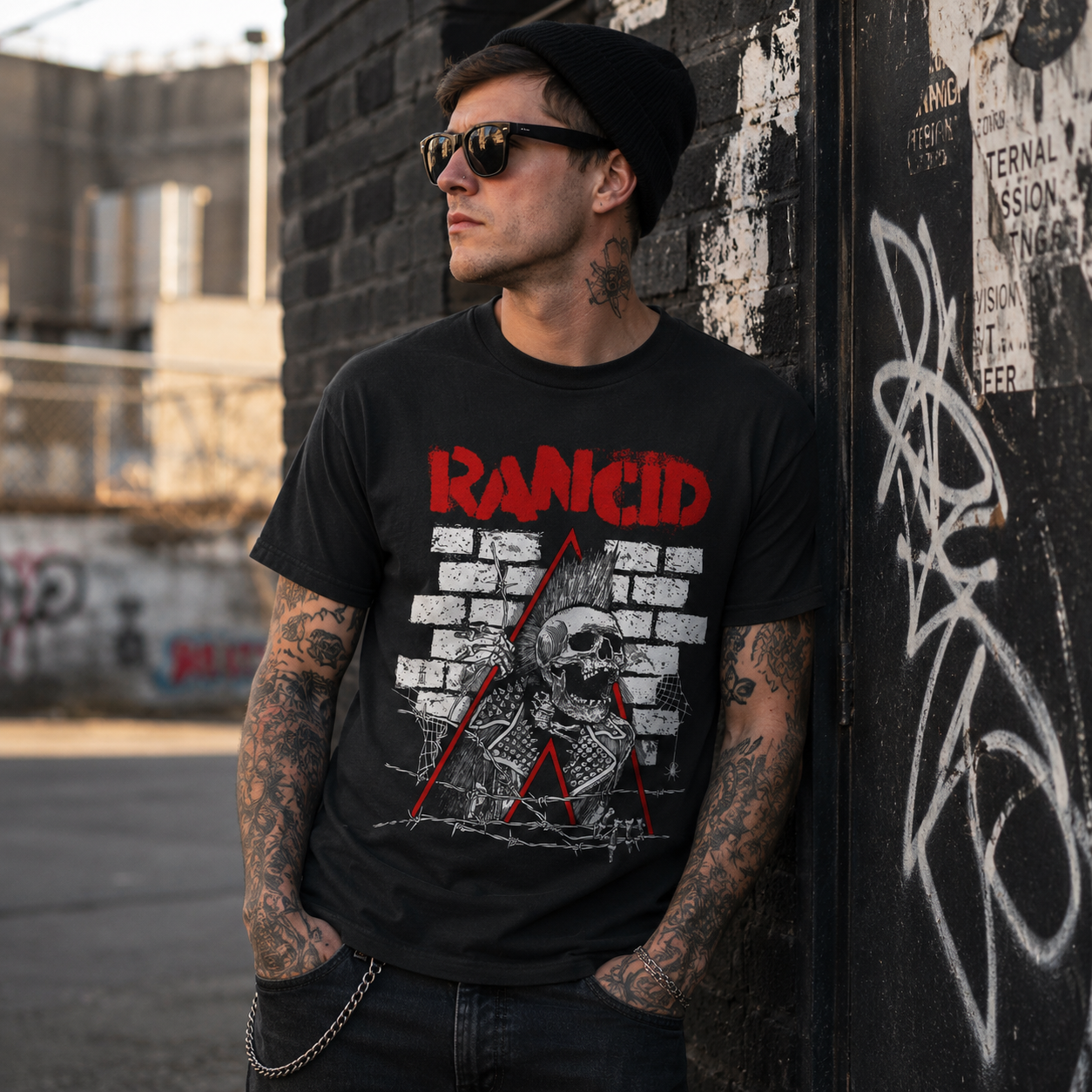 Male model wearing officially licensed Rancid skull punk band t-shirt in an urban graffiti alley with punk rock streetwear style.