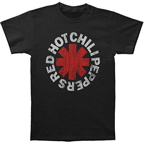 Red Hot Chili Peppers Distressed Asterisk Logo Black T-Shirt featuring the band's iconic red star emblem and vintage alternative rock design.
